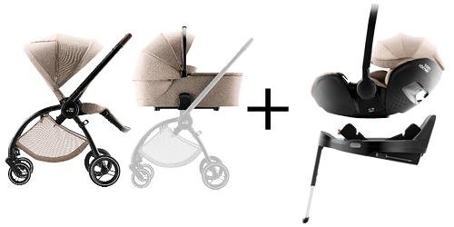 RIO kinderwagen, RIO reiswieg, BABY-SAFE PRO autostoeltje in Teak en VARIO BASE 5Z, onderdeel van de RIO COMFORT PLUS SET